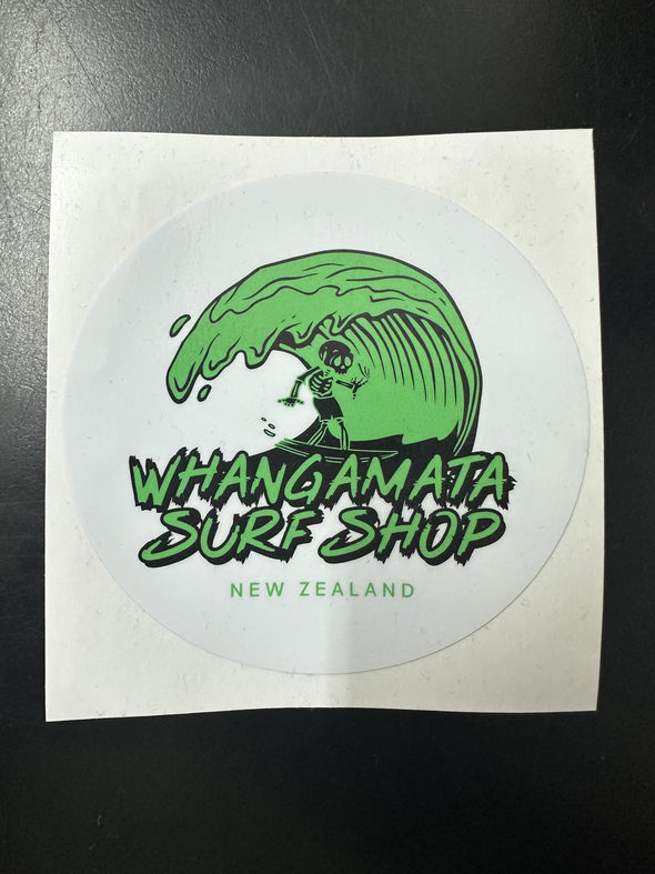 WHANGAMATA SURF SKELETON SURFER STICKER - GREEN
