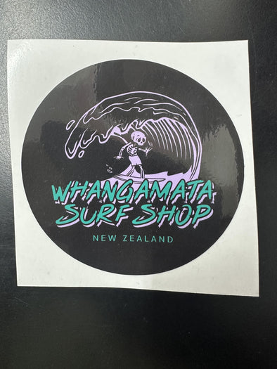 WHANGAMATA SURF SKELETON SURFER STICKER - BLACK
